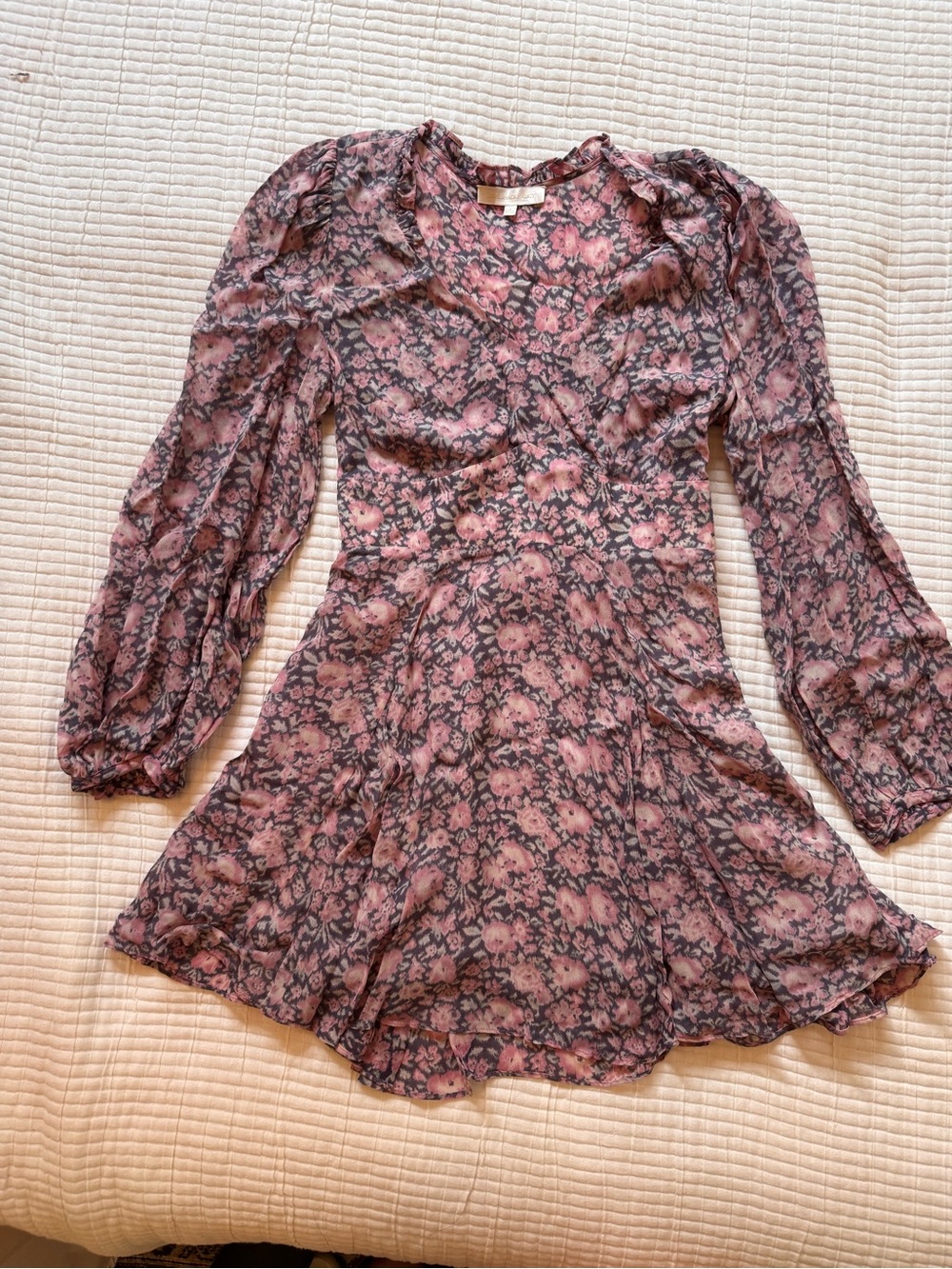 LoveShackFancy Pink Floral Long-Sleeve Viscose Mini Dress